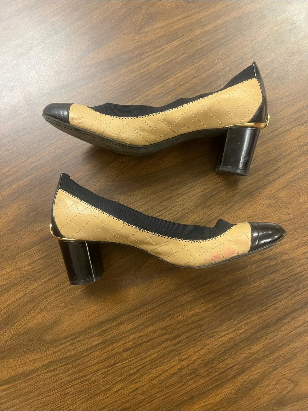 Tory Burch Quilted Two-Tone Block Heel Pumps in Beige and Black